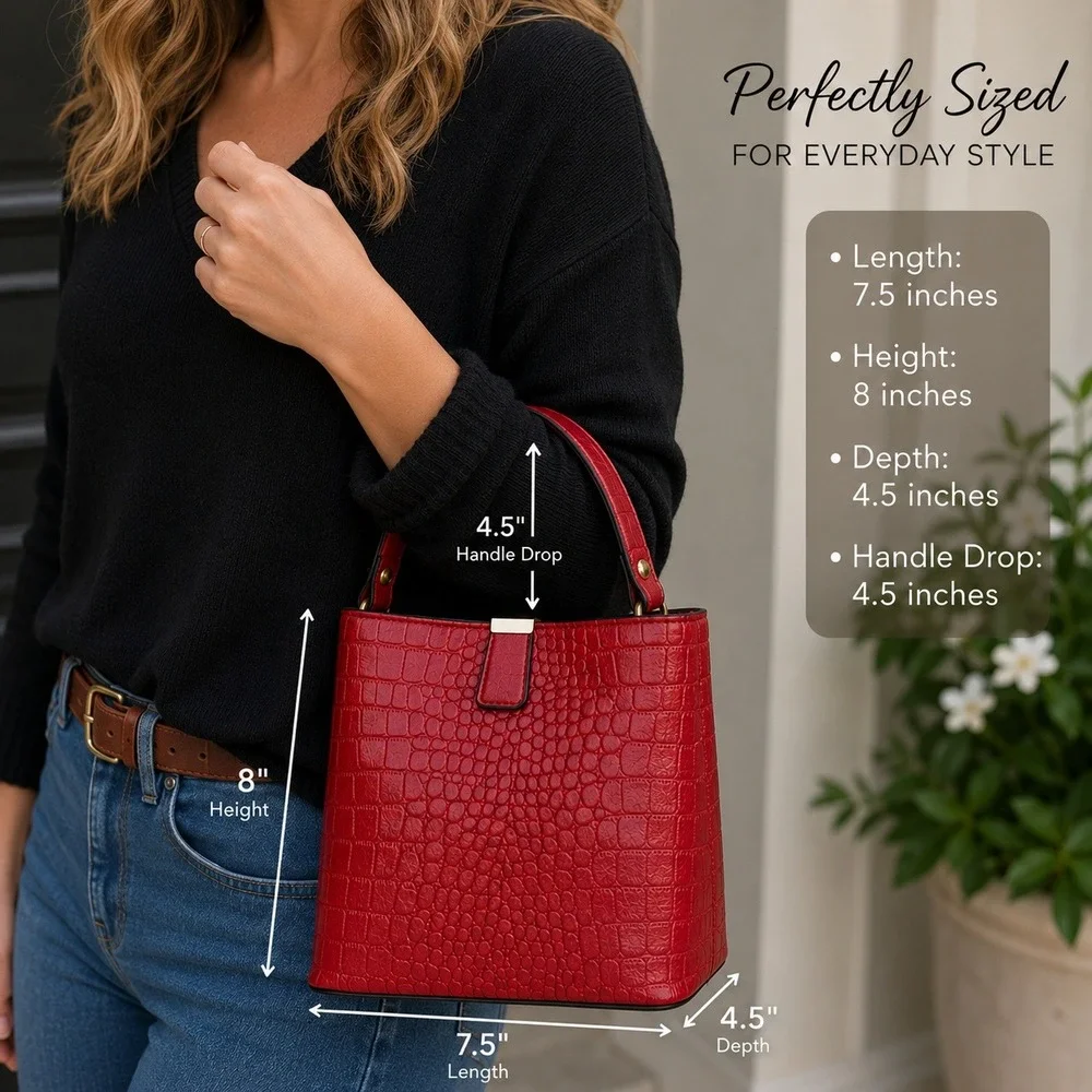 Red Crocodile Embossed Vegan Leather Bucket Bag Top Handle Crossbody Bag Gold